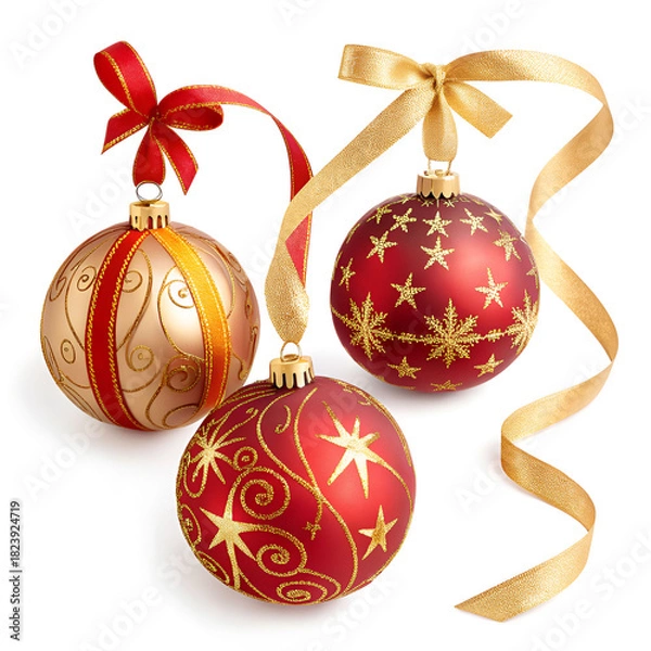 Fototapeta Set of Christmas ball decorations in red and gold