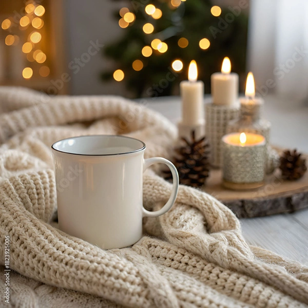 Fototapeta White ceramic mug resting on a knitted beige blanket, filled with a warm beverage