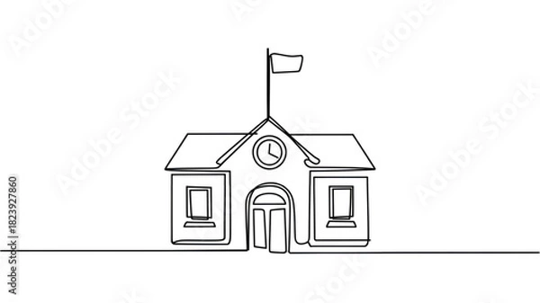 Obraz School building one line drawing educational institution with flag continuous outline vector illustration on white background