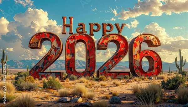 Fototapeta Large rusted “Happy 2026” numbers stand in a sunny desert landscape surrounded by cacti, rocks, and distant mountains under a bright sky.