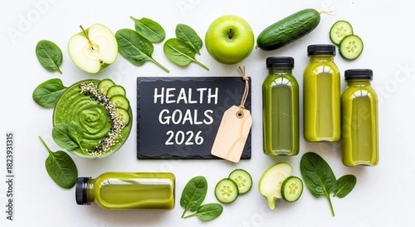 Obraz Health Goals 2026 Green Smoothie Detox Diet Vegetables Fruit Concept