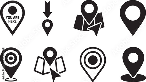 Fototapeta Bold “You Are Here” pinpoint icon set in clean silhouette style, ideal for maps and navigation.
