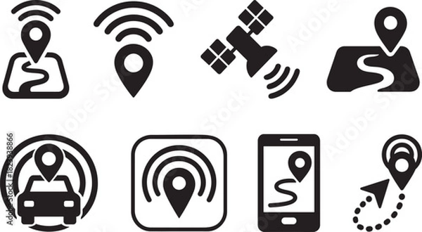 Fototapeta Silhouette GPS tracking icon set with location markers and route symbols for maps and navigation.