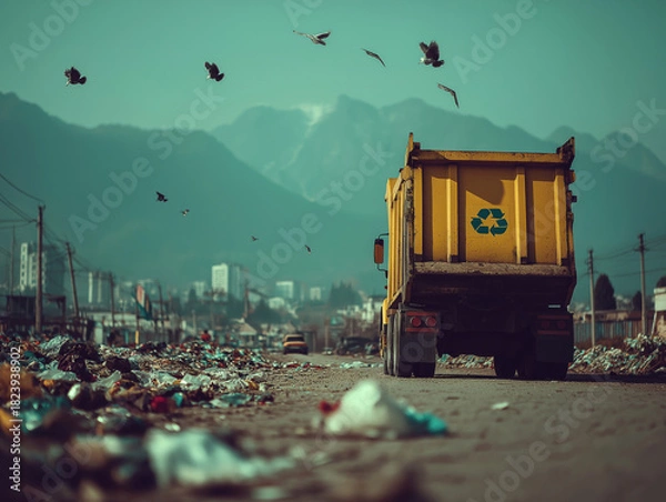Fototapeta Rubbish truck driving through a littered road with mountains in the background, showcasing waste management and environmental challenges in urban settings