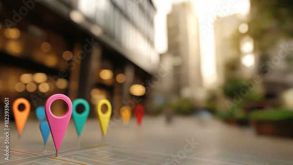 Fototapeta Colorful markers show various urban locations, created AI