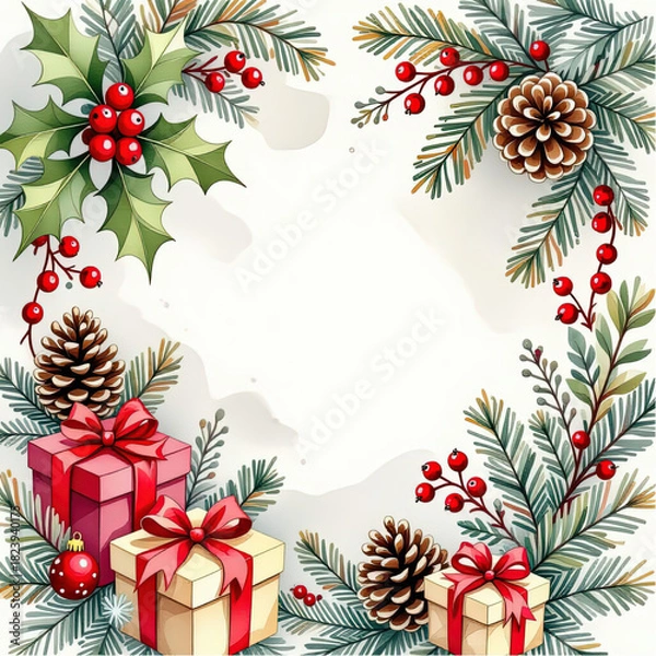 Fototapeta Watercolor, simple, naive style Christmas card illustration with a rounded frame made of classic motifs like holly berries, pinecones, and wrapped gifts.eps
