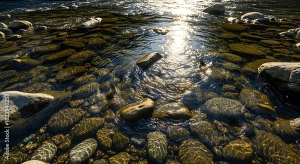 Obraz Sunlit Riverbed - Stones Gleaming Under Clear Water.