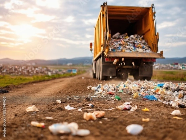 Fototapeta Rubbish truck unloading waste on dirt road, surrounded by scattered trash and a scenic landscape, highlighting environmental impact and waste management concept