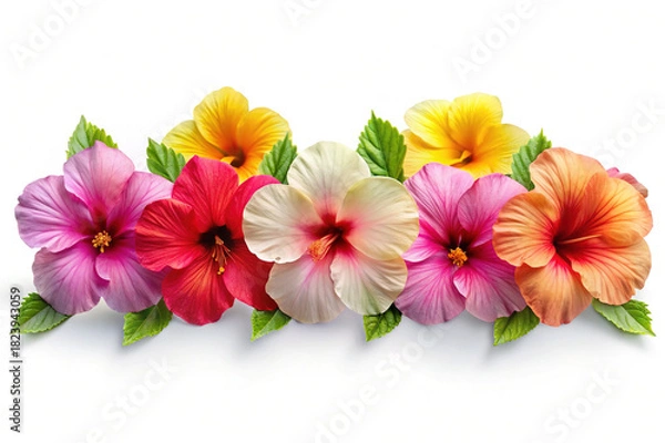 Obraz Vibrant row of assorted hibiscus flowers with green leaves