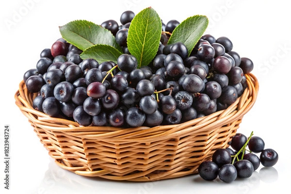Obraz Fresh aronia berries in a rustic wicker basket on white