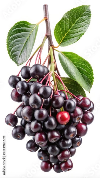 Obraz Ripened chokeberries cluster with green leaves on branch.