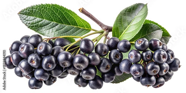 Obraz Fresh organic aronia berries on a branch with green leaves.