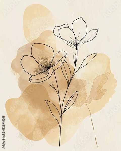 Fototapeta Modern botanical element combining line art and soft watercolor fill in neutral tones