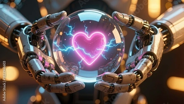 Fototapeta Pair of advanced humanoid robot hands gently holding a glowing transparent glass sphere with a radiant neon heart floating inside, soft energy trails and electric particles swirl around the heart.