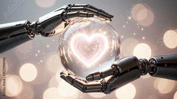 Fototapeta Pair of advanced humanoid robot hands gently holding a glowing transparent glass sphere with a radiant neon heart floating inside, soft energy trails and electric particles swirl around the heart.