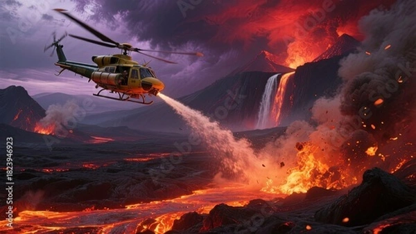 Fototapeta A powerful cinematic scene of a helicopter fighting a volcanic wildfire in which releasing a stream of water from its tank to douse the fire below.