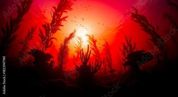 Obraz Underwater Red Glow - Silhouetted Plants in a Vibrant Aquatic Scene.
