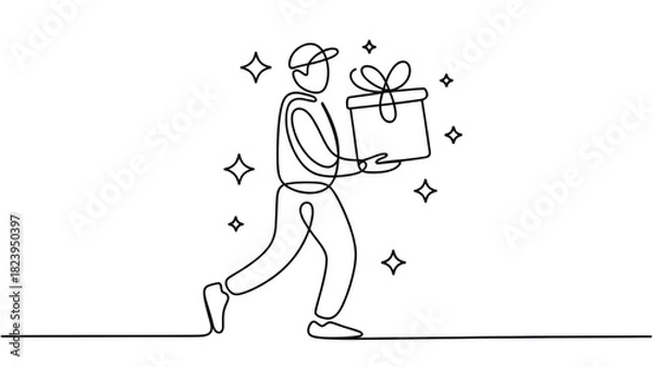 Obraz Delivery man carrying a gift box continuous line drawing vector illustration isolated on white background