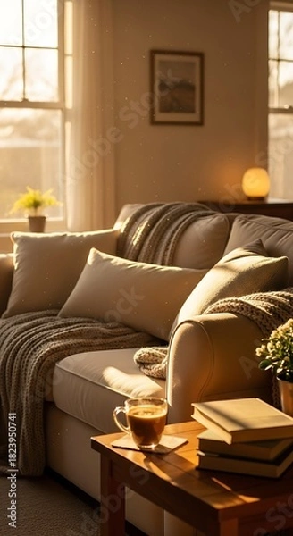 Obraz Cozy Living Room with Warm Sunlight and Relaxing Atmosphere.