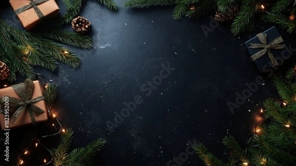 Fototapeta Beautifully arranged festive scene with gifts, greenery, and twinkling lights set on a dark background for the New Year celebration season. Concept of New Year and Christmas celebration