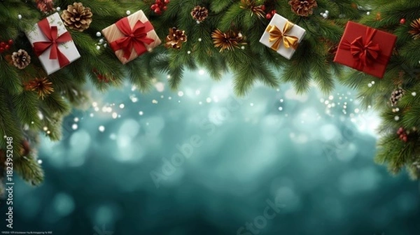 Fototapeta Colorful holiday gifts arranged with pine branches and festive decorations for a cheerful seasonal celebration. Concept of New Year and Christmas celebration
