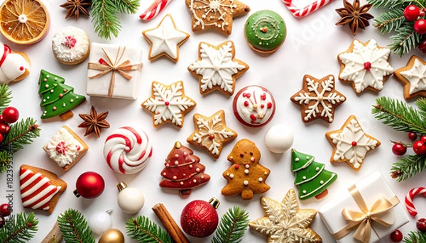 Fototapeta Dulces de navidad en plano cenital con galleta de jengibre, abetos, galletitas y bastones de azúcar sobre fondo blanco