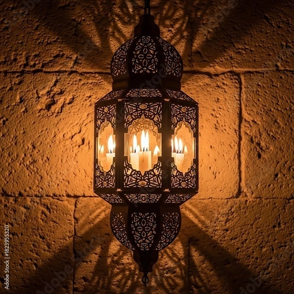 Obraz Ornate Moroccan Lantern Casting Shadows on a Textured Wall.