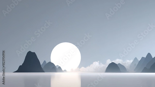 Fototapeta Abstract moon disc product display stand against a minimalist landscape background