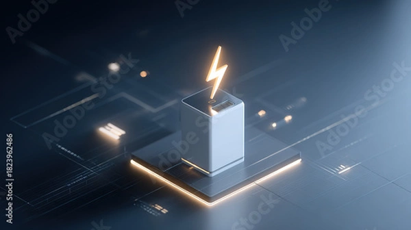 Fototapeta Illuminated battery icon on circuit board: power and energy storage concept