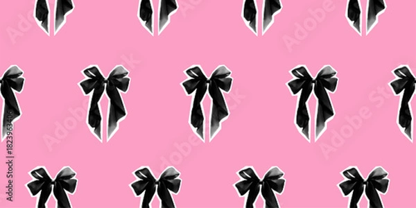 Obraz Halftone bow seamless pattern in collage style. Vintage coquette ribbon design print with dot texture. Gothic pop art textile backdrop on a soft pink background.