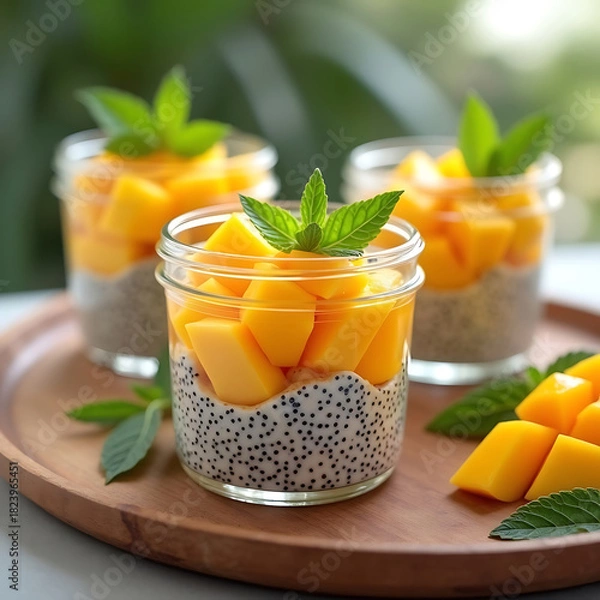 Fototapeta Layered Mango and Chia Yogurt Dessert on Wooden Tray