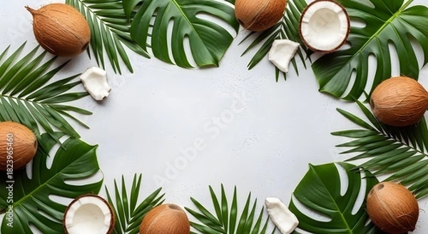 Fototapeta Illustration of tropical coconuts and green leaves border on a light gray background