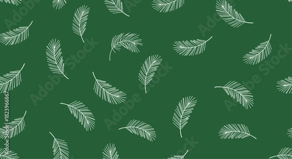 Fototapeta Simple seamless pattern with hand-drawn white fir branches on a dark green background for a festive winter holiday design.