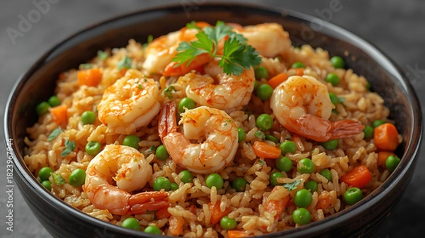 Fototapeta Appetizing Shrimp Rice Dish in Premium Lighting Setup