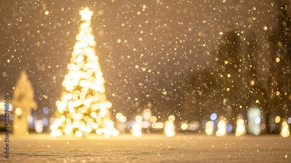 Fototapeta Golden Winter Wonderland: A festive scene where a radiant Christmas tree, adorned with twinkling lights, takes center stage against a backdrop of gently falling snowflakes.