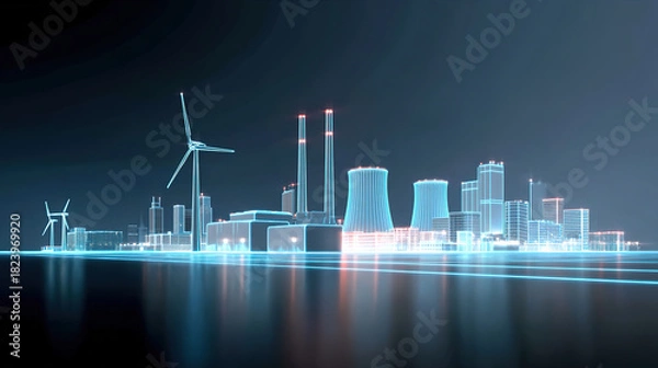 Fototapeta Illustrations of various power generation devices and new power systems against a blue background.