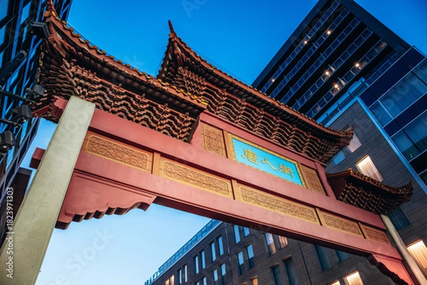 Fototapeta Montreal, Canada – August 13, 2025: Evening view of the illuminated Chinatown gate with people crossing the street in downtown Montreal
