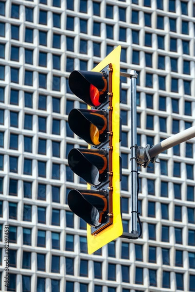 Obraz A close-up view of a traffic light in downtown Montreal, captured against the geometric facade of a modern high-rise building, highlighting the vibrant yellow frame and illuminated signals