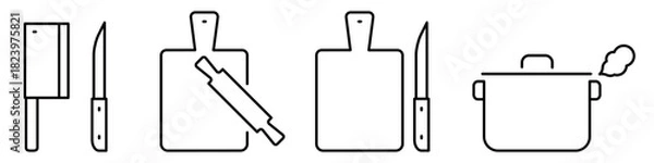 Fototapeta Meat cleaver, knife. Cutting board, rolling pin. Saucepan cooks, steam. Line icon set. Editable stroke. Flat vector illustration isolated on white background.