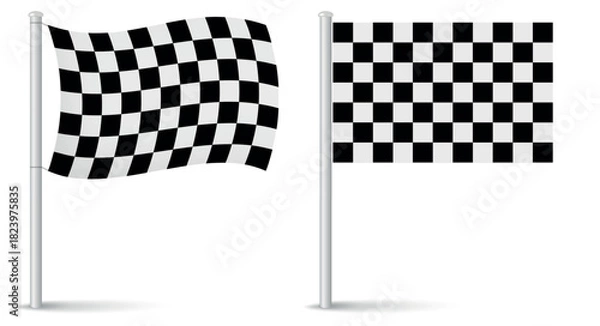 Fototapeta Finish map pointer pin flags. Straight and wavy flags. Checkered racing flag. 3D realistic vector illustration isolated on white.