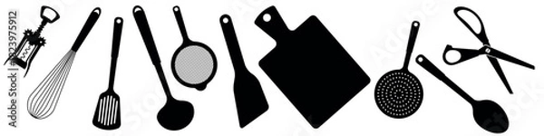 Fototapeta Corkscrew, scissors, whisk, ladle and cutting board, spatula, spoon, colander, sieve black silhouette icons. Flat vector illustration isolated on white background.