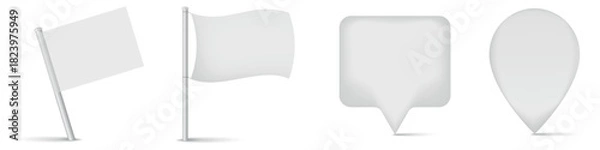 Fototapeta White blank flags and map pin pointers template. 3D realistic vector illustration isolated on white.