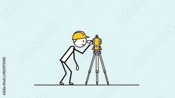 Fototapeta Stick Figure Surveyor Using Theodolite for Land Measurement.