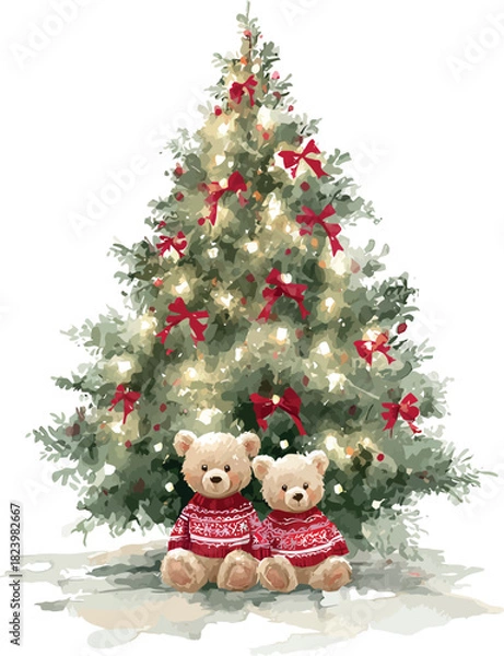 Fototapeta Charming watercolor Christmas scene featuring a festive tree and two adorable teddy bears - vector illustration