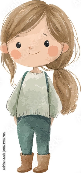 Fototapeta Soft dreamy watercolor illustration of a young girl capturing childhood innocence and gentle charm - vector illustration