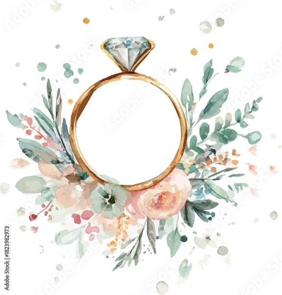 Fototapeta Elegant watercolor composition featuring a diamond ring encircled by delicate floral elements in soft tones - vector illustration