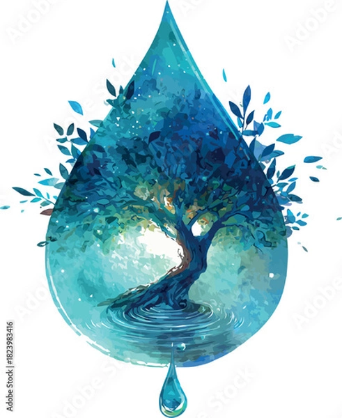 Fototapeta Symbolic watercolor painting showing a waterdrop containing a flourishing tree of life with vibrant natural energy - vector illustration