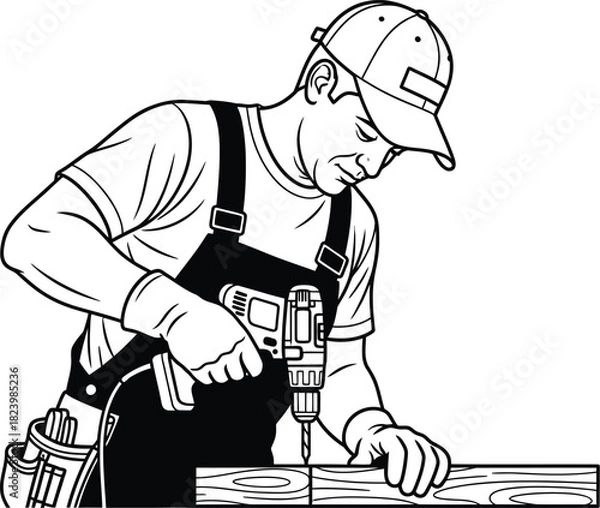Obraz Carpenter drilling wood with power drill in black and white line drawing