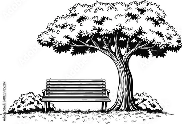 Obraz Park bench sits beneath a large tree providing shade in a peaceful scene
