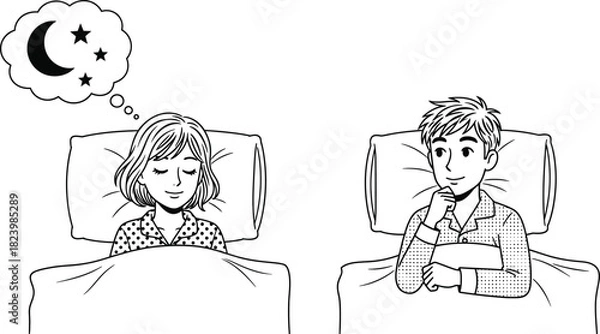 Obraz Couple in beds one dreaming of night sky the other awake and thinking